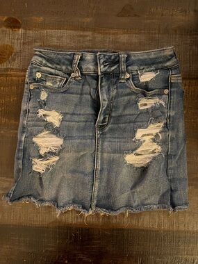 American Eagle Distressed Blue Denim Skirt